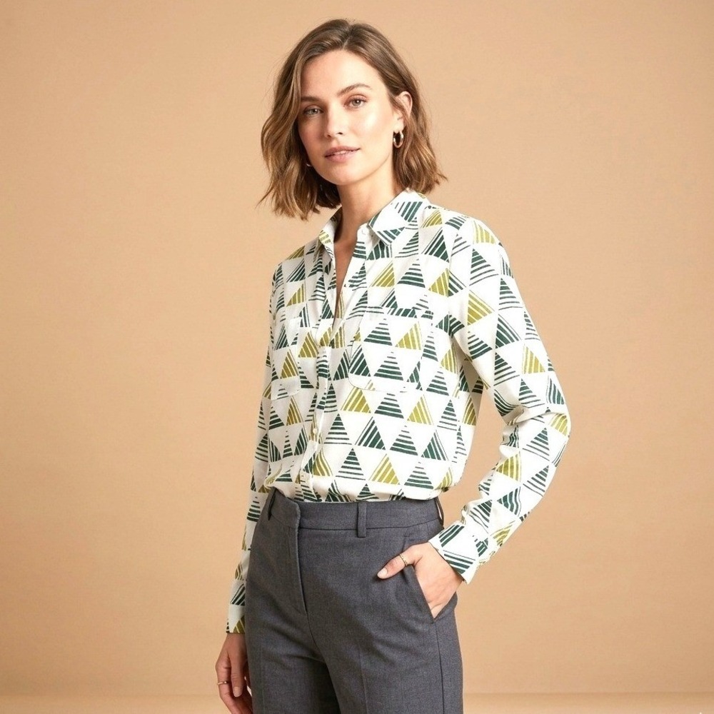 Ro & De Green White Triangle Print Long Sleeve Shirt Tunic Style Size S